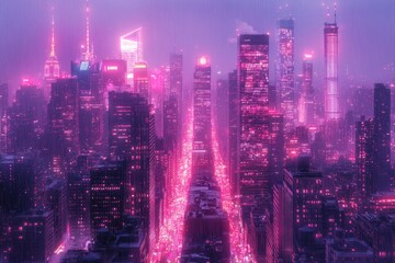 Fototapeta premium Neon City Nightscapes: Rain-Soaked Streets and Glowing Skyscrapers in a Futuristic Metropolis, Showcasing Architectural Marvels Under a Vivid Pink Sky; A Digital Art Exploration of Urban Environments.