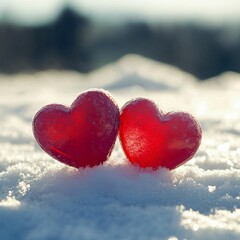 Fototapeta premium Two Red Hearts in the Snow