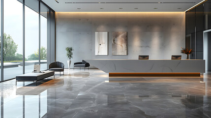 Modern office lobby interior with a sleek reception desk. generative ai.
