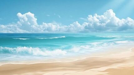 Serene Tropical Beach Scene Turquoise Ocean Waves Crashing on Sandy Shore Under a Sunny Sky with