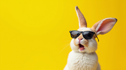 cool bunny with sunglasses against a yellow background