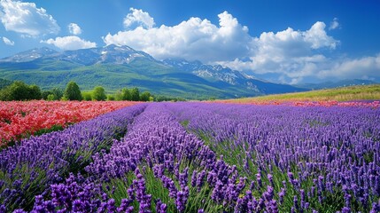 Fototapeta premium Fields of colorful blooms come alive in the heart of spring, showcasing vibrant lavender and wildflowers under a bright blue sky adorned with fluffy clouds