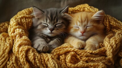 Naklejka premium A heartwarming painting of two kittens peacefully napping, snuggled into a soft yellow knit blanket.