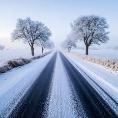 A long deserted road covered in thick snow leading through a quiet winter wonderland of snow-covered fields and frosty trees ultra HD