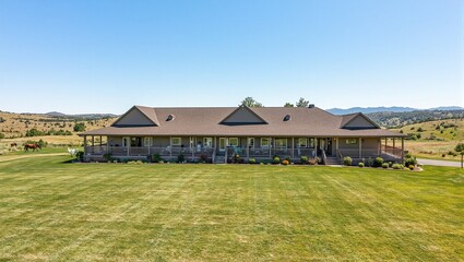 Obraz premium Tranquil ranch house with porch hills and horses
