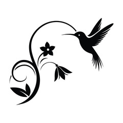  a silhouette of a hummingbird hovering near a flower