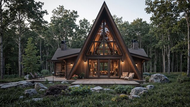 Fototapeta Cozy A frame cabin nestled in forest showcasing wooden exterior and large windows