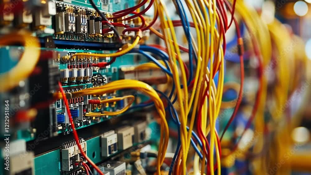 Poster close up of colorful wires intricately connecting various electronic components on a circuit board, 