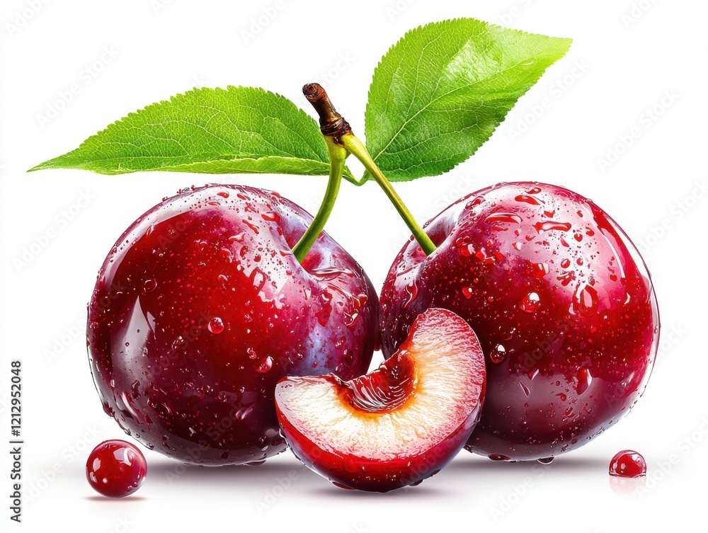 Wall mural Fresh Deep Purple Plums, Isolated on White Background, Food Photography, Studio Environment, Close-Up View, Nature's Bounty