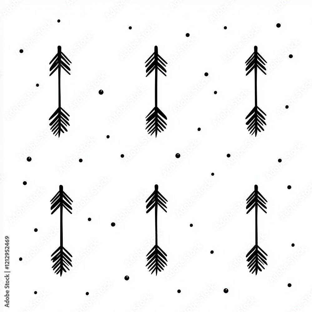 Poster stylish seamless pattern featuring black arrows on a white background with scattered dots for modern