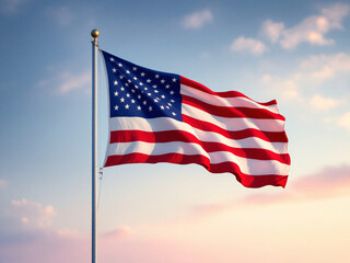 Obraz premium American flag waving against a colorful sky, symbolizing patriotism and national pride.