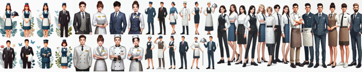 vector set of hotel waiter parts in work uniforms