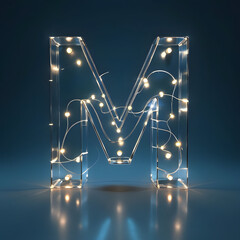 3d render of a glowing sign symbol 'M' glittering golden 3D Rendered Letter M In Glass With Illuminated Fairy Lights 