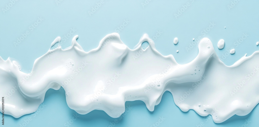 Poster the composition showcases a soft white liquid flowing gracefully across a light blue background, for