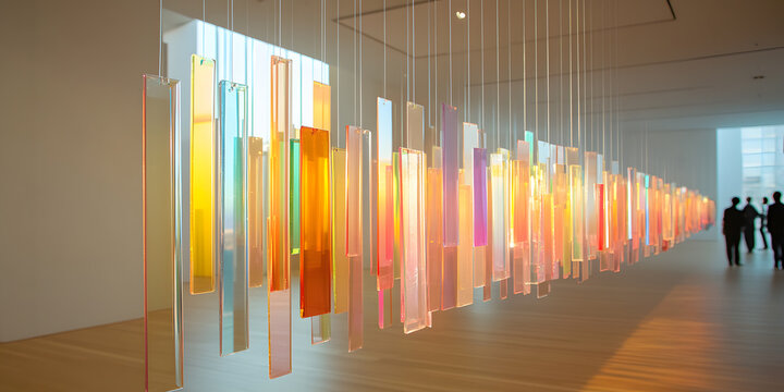 Colorful glass panels hang in a modern art gallery, creating a vibrant and dynamic installation.  The light filters beautifully through the translucent art.