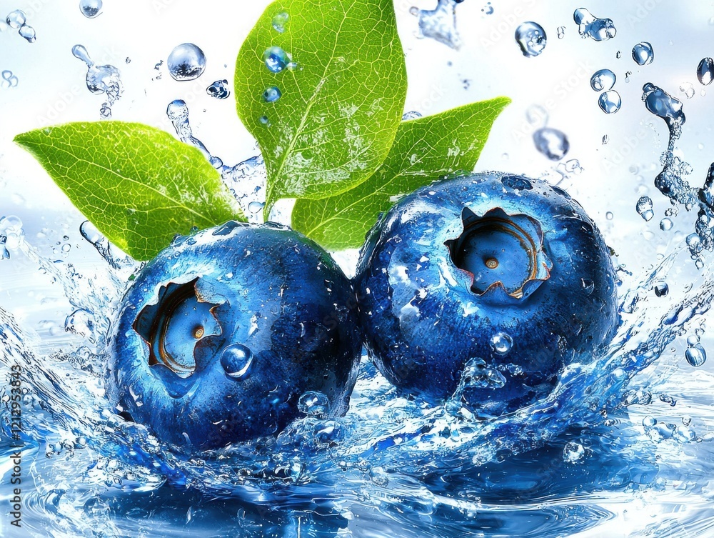 Wall mural Fresh Blueberries Splashing in Water, Isolated on White Background, Food Photography, Bright Environment, Close-Up, Juicy Delights