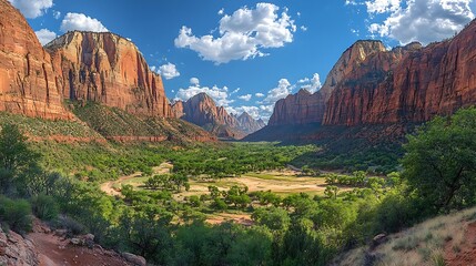 Panoramic view of a canyon with towering red rock cliffs, lush green vegetation, and a blue sky with fluffy clouds.