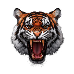 An intense tiger head showcasing fierce expression and detail. transparent background
