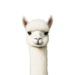 Obraz premium Close-up of a calm and fluffy white alpaca's face. transparent background