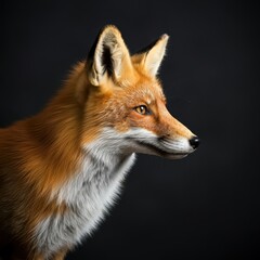 Fototapeta premium Portrait of a red fox, side profile, sharp focus, detailed fur texture, alert expression, pointed ears, vibrant orange and white coloration, natural lighting, blurred background, wildlife photography,