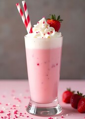 Pink strawberry milkshake topped with whipped cream and heart sprinkles