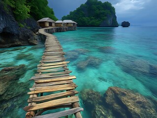 Wooden path leads to tropical overwater bungalows.