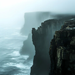 A mysterious foggy coastline with jagged cliffs rising into the haze and the faint roar of waves creating a haunting atmosphere ultra HD