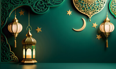 Gold lanterns cast warm light on green Islamic architecture with a crescent moon, ideal for backgrounds, ramadan-themed, travel brochures, and cultural websites.