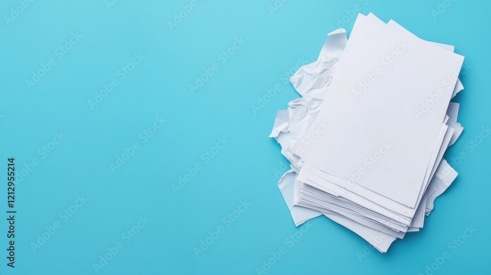 Poster stack of blank paper sheets with crumpled pages on a bright blue background for creative concepts an