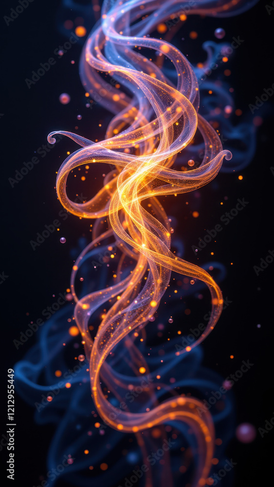 Poster gamma ai - a mesmerizing 3d rendering of dynamic, swirling elements with orange hues against a dark 