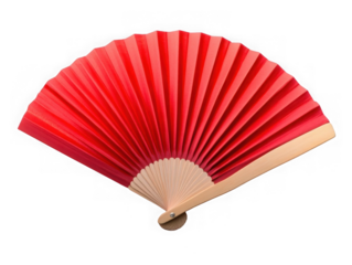 Red oriental paper fan shown in an open display with intricate folds and elegant craftsmanship, commonly used in traditional cultural performances and decor. Isolated on transparent background, png.