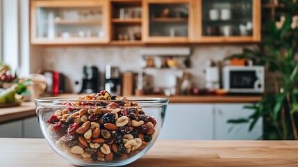 Fototapeta premium Glass Bowl Of Mixed Nuts And Dried Fruits In Kitchen