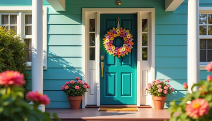 Fototapeta premium Front door with colorful wreath and blooming flowers for housewarming