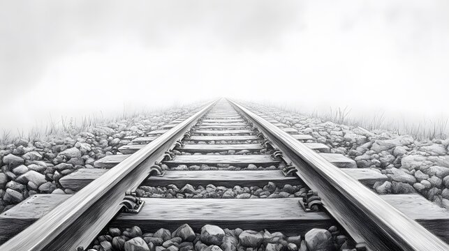 A captivating black-and-white illustration of a railway track fading into a misty horizon, evoking a sense of endless possibilities and mystery.