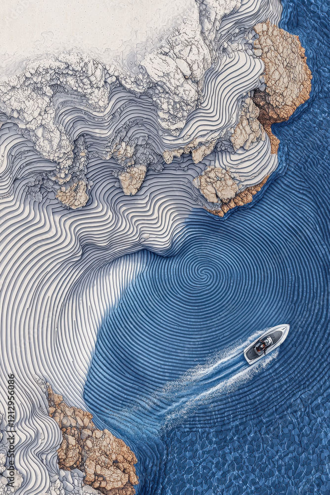 Poster aerial view of artistic ocean patterns and dynamic boat path in a serene coastal landscape capturing