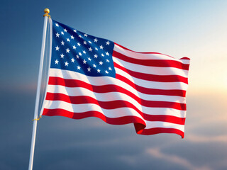 Obraz premium Flag, USA, America, stars, stripes, red, white, blue, patriotism, freedom, pride, symbol, nation, country, banner, waving, flying, pole, sky, clouds, sunset, dusk, dawn, wind, movement, fabric, textur