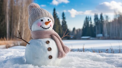 Obraz premium Charming snowman in a cozy hat and scarf, basking in the winter sun against a backdrop of snowy trees and a serene frozen lake.