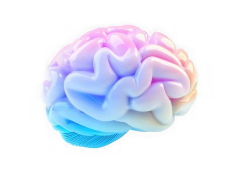 Iridescent 3D Brain Icon in Gradient Colors. Ideal for Representing Knowledge, Intelligence, and Creativity in Digital Art. Isolated on transparent background, png.