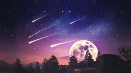 Fototapeta premium A breathtaking night sky adorned with shooting stars over a serene landscape, illuminated by a glowing full moon and surrounded by lush trees.