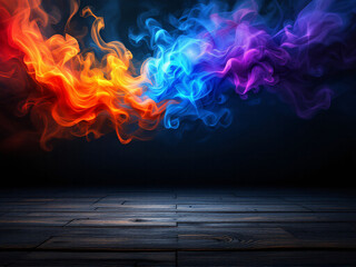 Fototapeta premium Vibrant colorful smoke swirls on dark background, abstract artistic effect.