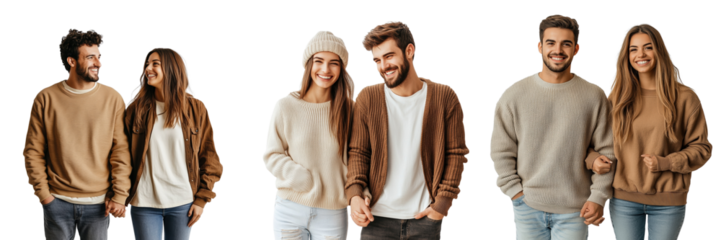 A Set of Happy Romantic Couples Holding Hands and Smiling Brightly Isolated on transparent Background