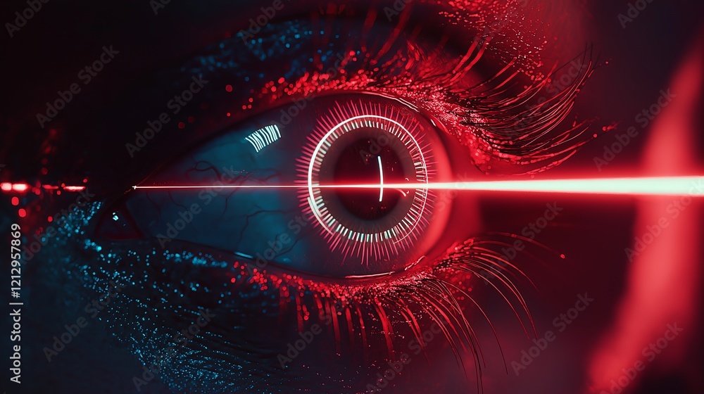 Poster futuristic cyberpunk eye with glowing laser effects, symbolizing artificial intelligence, digital se