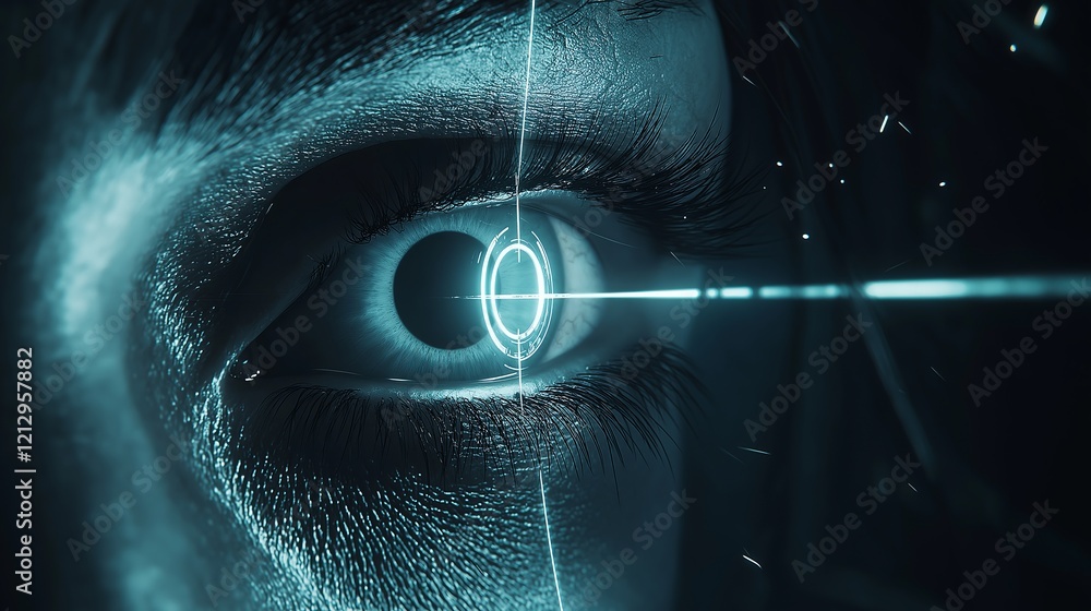 Poster futuristic cyberpunk eye with glowing laser effects, symbolizing artificial intelligence, digital se