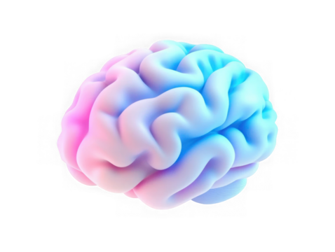 Iridescent 3D Brain Icon in Gradient Colors. Ideal for Representing Knowledge, Intelligence, and Creativity in Digital Art. Isolated on transparent background, png.