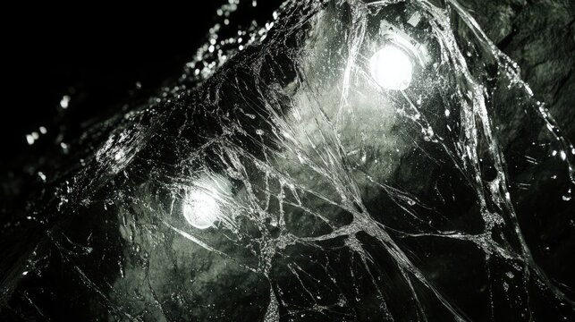 Glowing eyes in cobweb-covered cave, eerie horror scene, mysterious fantasy, Halloween concept, spooky, monochrome, detail, dark, scary, unsettling, web