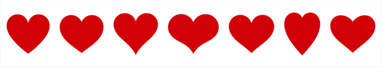 Red hearts set of icons. Hearts design elements border. Vector illustration.