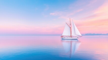 Fototapeta premium White sailboat drifting on calm pastel water during a serene sunset.