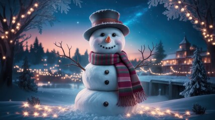 Naklejka premium A cheerful snowman wearing a top hat and colorful scarf, standing in a snowy landscape surrounded by twinkling lights, evoking a festive winter atmosphere.