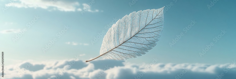 Poster delicate leaf floating in sky with soft clouds and serenity
