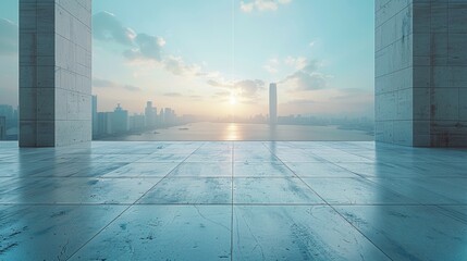 Fototapeta premium Urban Plaza architectural design in daylight from an elevated viewpoint, highlighting a minimalistic style with concrete pavement and blue hues.